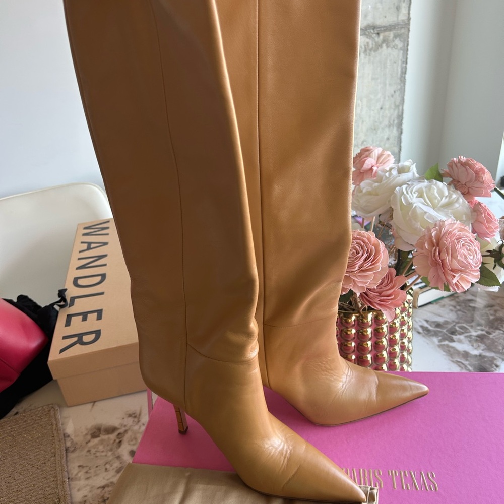 Paris Texas  Tan Leather Pointed-Toe Knee Boots